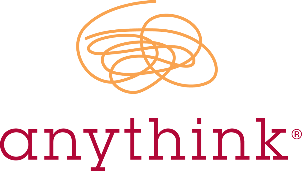 The Anythink doodle logo in orange. Text is in red and reads Anythink. 