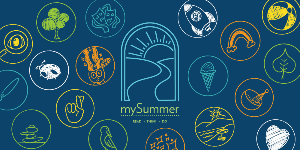 Text says mySummer, read, think, do. There's a graphic image that's an outline of a window with the outline of a road leading to a sunset or sunrise inside the window. Round icons with various images, like a beach, a heart, a rocket ship, and a ladybug, are scattered across the image.